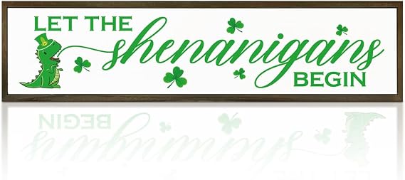 Shamrock St Patricks Day Decor, Let the Shenanigans Begin Printed Wood Wall Art Sign, St Patricks Day Decor For The Home,Hanging Plaque Shamrock Decor, St. Patrick's Day Porch Sign Decor 18x4 inch A17
