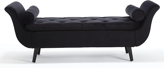 65" Black Velvet Storage Bench for Bedroom End of Bed Couch, King Size Tufted Upholstered Ottoman Benches with Rolled Arms and Seating, Modern Long Bench with 2 Pillows for Living Room Entryway