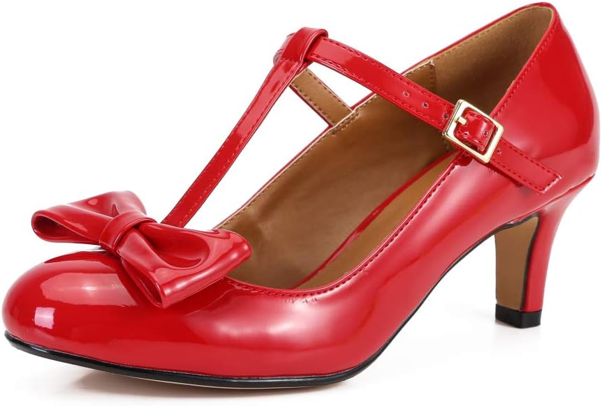 MAIERNISI JESSI Unisex Men's Women's Bowknot Mary Jane T-Strap Round Toe Mid Kitten Heel Pumps