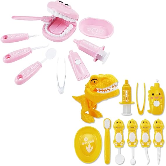 Bundle 19PCS = 9PCS Plastic Simulation Dentist Play Set (Pink) + 10PCS Plastic Dinosaur Simulation Dentist Play Set (Yellow)