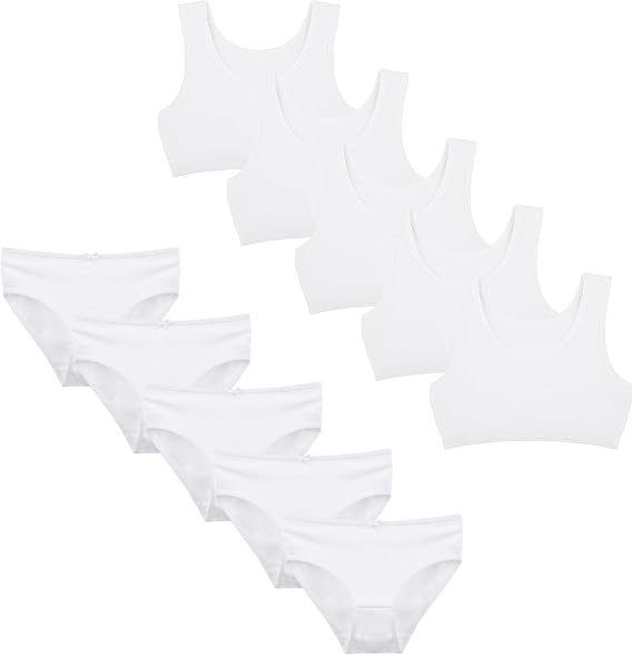 Donella Girls Underwear Set - Soft Cotton Sports Bra and Panties for Kids - 10 Pack, Age: 6-7