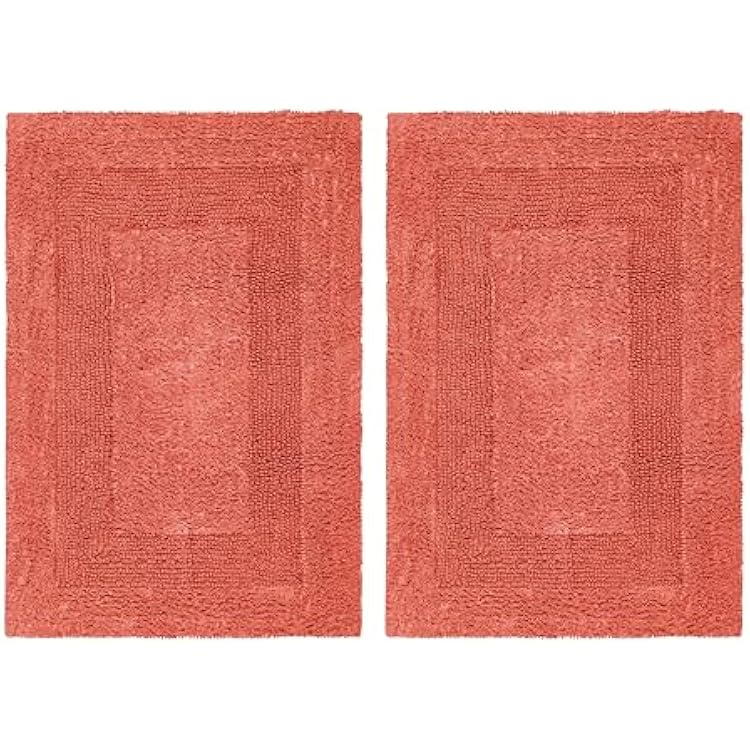 COTTON CRAFT Luxurious Bath Mat Rug - Set of 2 Reversible Heavyweight Step Out Bath Mats for Bathroom Floor, Tub and Shower - Pure Cotton Soft Plush Absorbent Tufted Racetrack Mat - 17 x 24 in - Coral