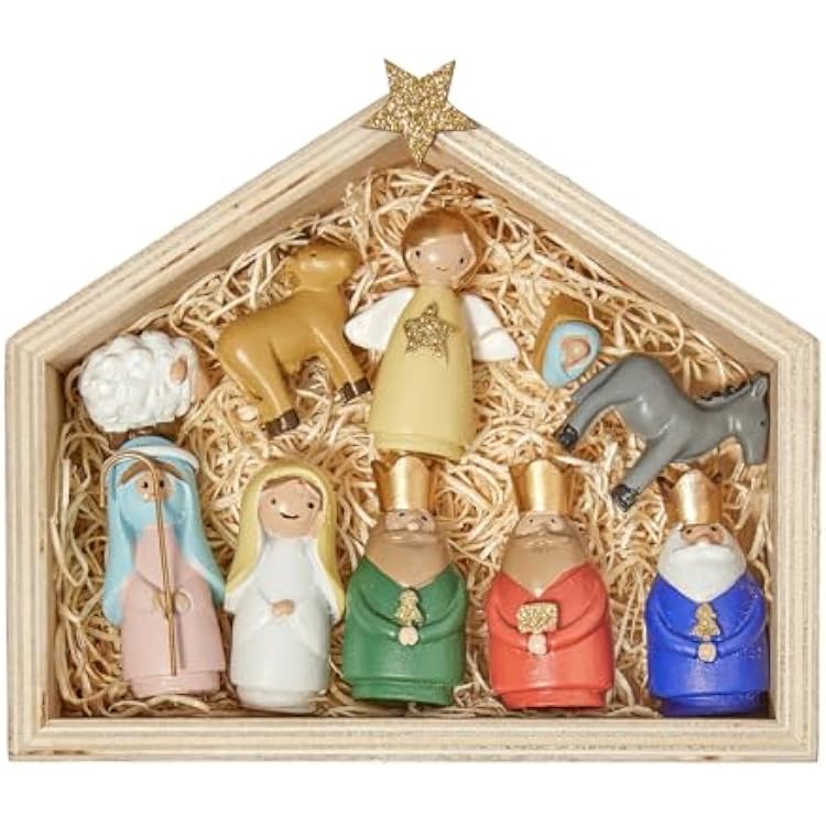DN DECONATION Nativity Figurines Set, 11Pcs Resin Holy Family Scene - Colorful Mini Christmas Nativity Decor for Christmas Indoor Tabletop, Shelf, and Home Holiday Display