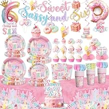 180pcs Sweet Sassy and Six Birthday Decorations with Tableware Set, Banner, Hanging, Tablecloth, Cake Topper, Centerpieces, Balloon, for 6 Year Old Girl Birthday Decorations, Serves 25