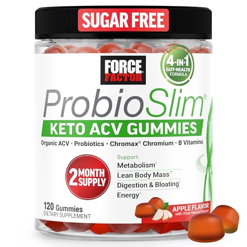 Force Factor ProbioSlim Keto ACV Gummies, Organic Apple Cider Vinegar Gummies with LactoSpore Probiotics & Prebiotics to Support Digestion, Metabolism, Immune Health, 1 Net Carb, Apple Flavor, 120ct