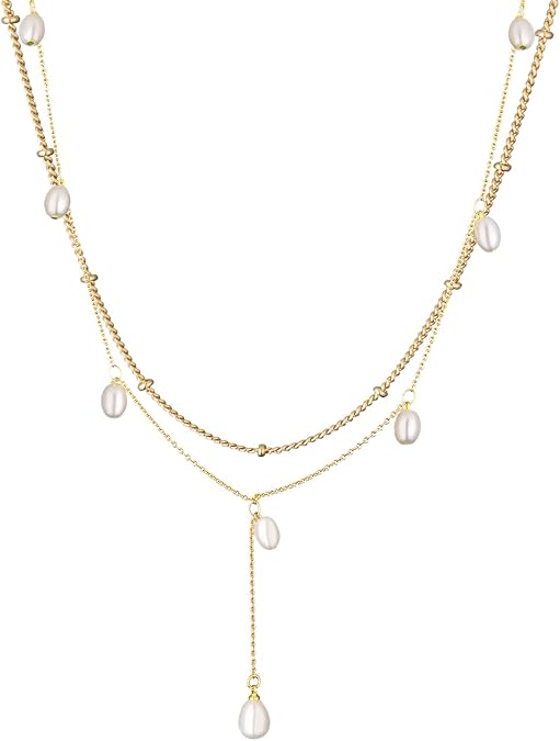 Gold Pearl Necklace for Women,14K Gold Plated Layered Pearl Drop Y Choker Necklaces Wedding Anniversary Bridesmaid Trendy Jewelry Gifts