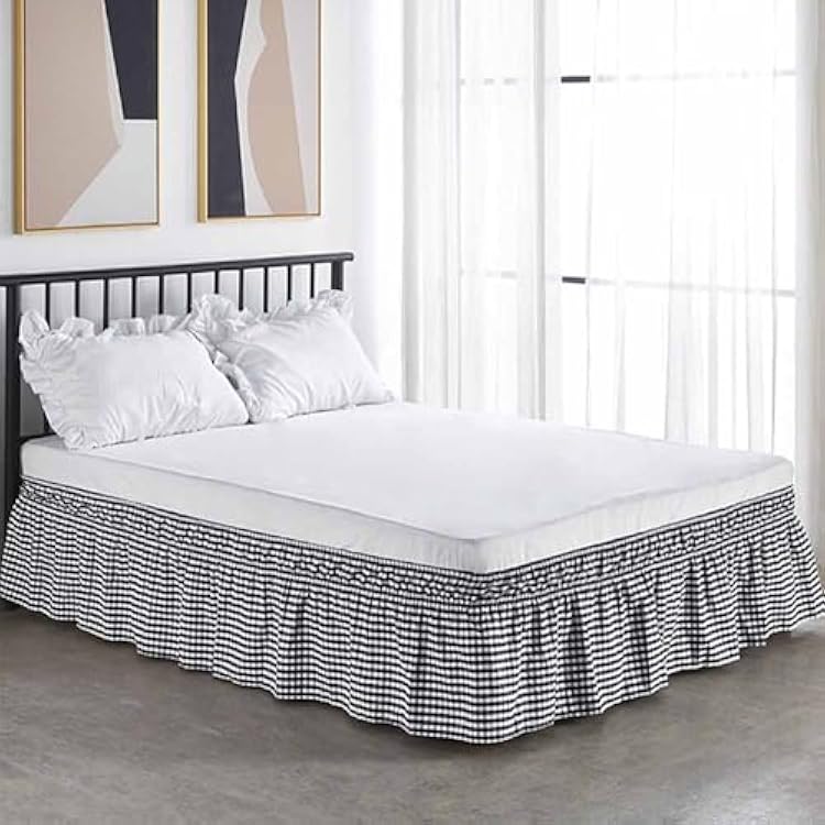 Black Plaid Bed Skirt for Queen Bed -15in. Drop, Easy Fit Ruffle Bedskirt Wrap Around Bed Skirt, Anti Wrinkle & Fade Resistant, Adjustable Elastic Bedskirt