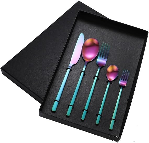 Cutlery Flatware Cutlery Set, 5/20/30/40/50/60Pcs Stainless Steel Matte Knife, Fork And Spoon Set Matte Square Handle Steak Cutlery,Rainbow-1Set