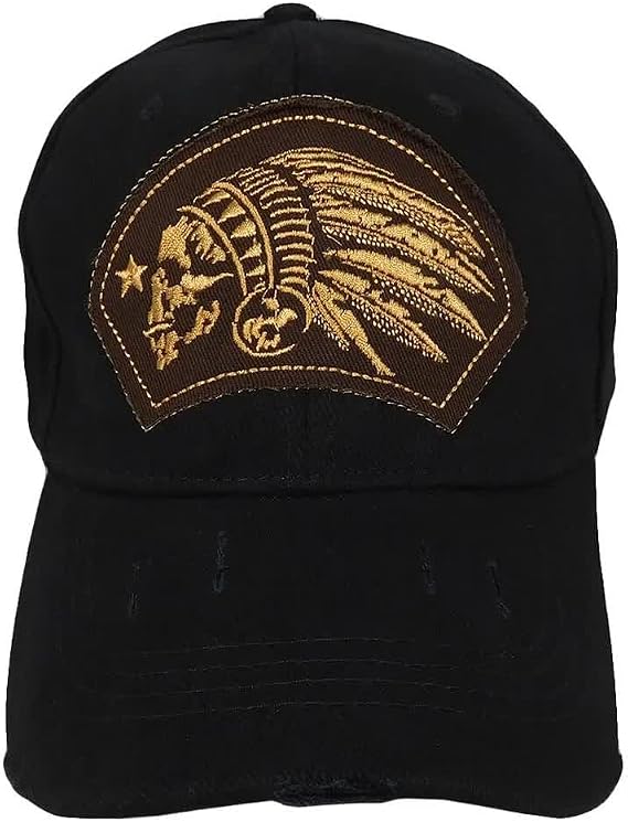 Native Warrior Distressed Black Cotton Adjustable Embroidered Cap Hat