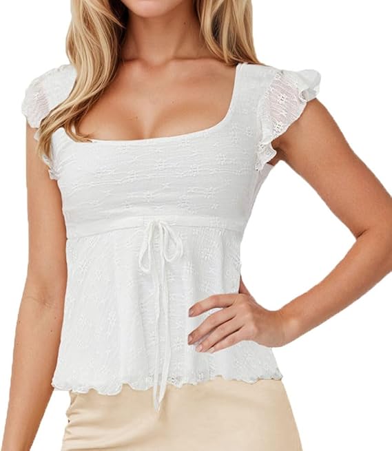 Women Trendy Square Neck Cap Sleeve Peplum Top Y2k Lace Up Layered Lettuce Trim Flared Ruffle Hem Tee Shirt