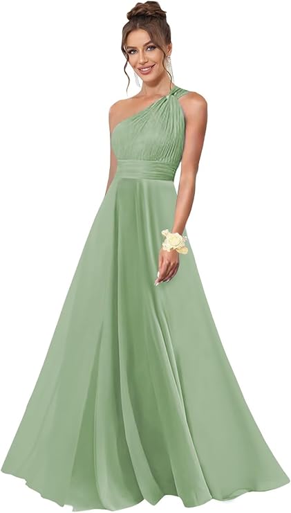 One Shoulder Bridesmaid Dresses for Wedding Chiffon A Line Pleated Long Formal Prom Dress with Pockets