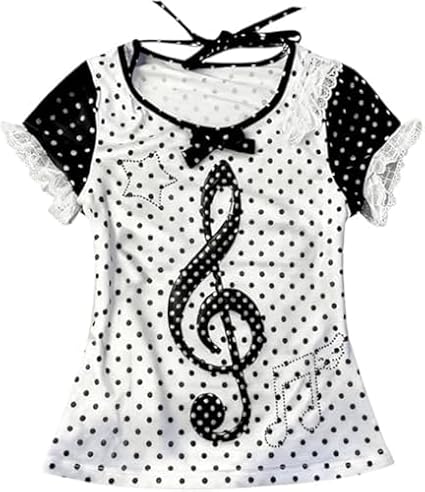 Y2K Polka Dot Tee Music Note Baby Tee Emo Clothes Graphic Top Goth
