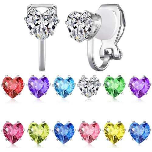 Spiritlele 12 Pairs Birthstone CZ Clip on Stud Earrings Set Cubic Zirconia Clip on Non Piercing Fake Stud Earrings Birthday Gifts Unisex