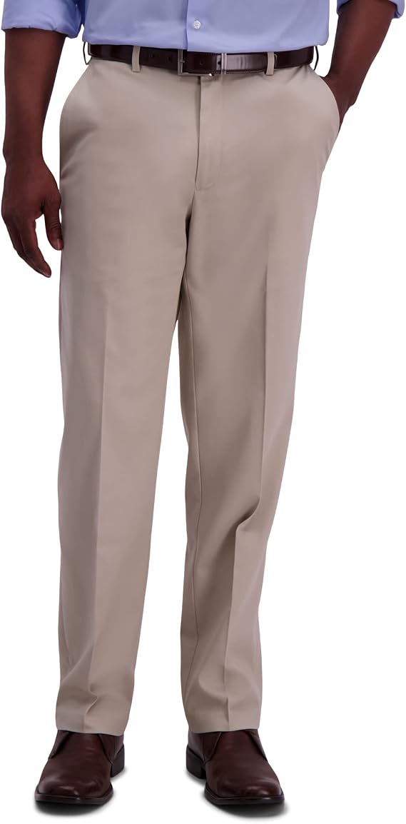Haggar Men's Premium No Iron Classic Fit Expandable Waist Flat Front Pant, Khaki, 54Wx30L