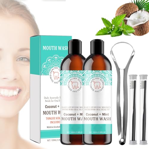 Coconut Mint Mouthwash,Natural Coconut & Peppermint Oil Mouthwash with Tongue Scraper 2pcs