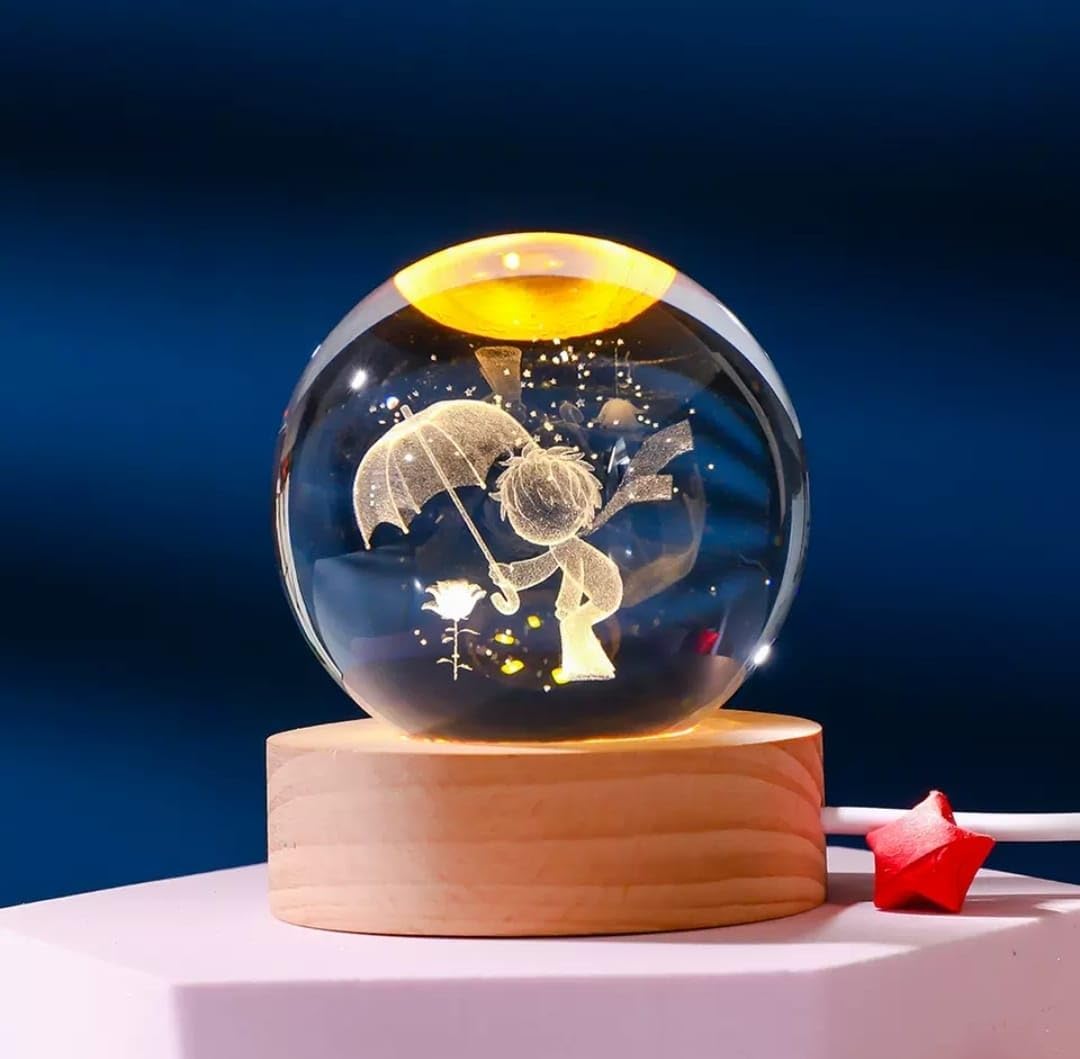 MR 3D Kristal Cam Küre, Ahşap Soketli Gece Lambası,LED, sevgiliye hediye, Noel, Öğretmenler Günü, Özel Tasarım Harika bir hediye Küçük Prens A [Enerji Sınıfı A]