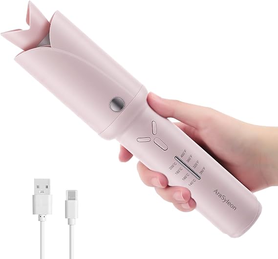 Cordless Automatic Rotating Curling Iron Beach Waves Hair Curler, Pink