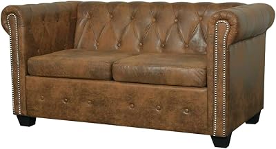 vidaXL Sofa, Upholstered Settee Couch Sofa with Tufted Arms, Chesterfield Loveseat for Home Living Room Bedroom Office, Brown Faux Leather