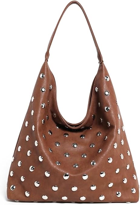Studded Hobo Bags for Women Soft Vegan Leather Studded Shoulder Handbag Slouchy Tote Purses