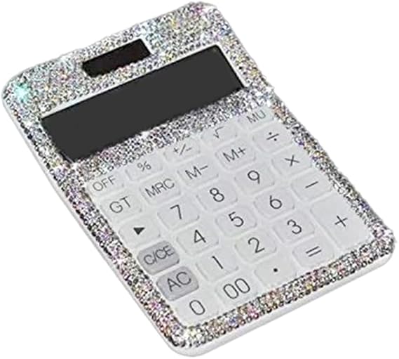 Calculator Rhinestone Crystal Dazzling 12 Digit Solar and Battery Dual Power LCD Display for Office, School White