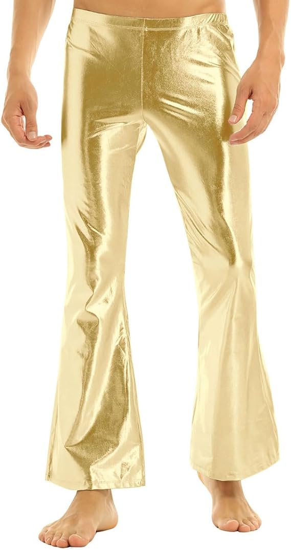 inlzdz Men's Shiny Metallic Pants Athletic Leggings 70's Disco Party Night Club Dance Jazz Flared Bell Bottom