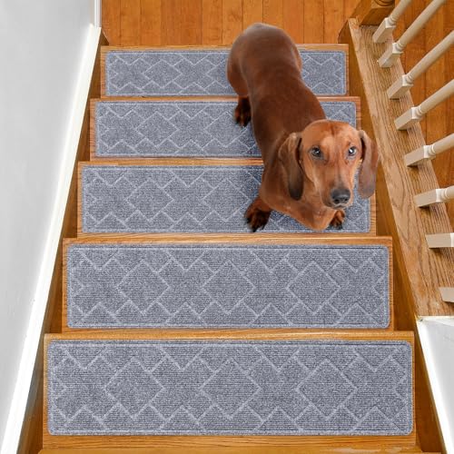 Stair Treads Non Slip for Wooden Steps Indoor 15 Pack 8 x 30 Stair Tread Carpet Stairs Runner, Step Pads with Reusable Adhesive for Dogs Kids Elders, Machine Washable, Light Grey
