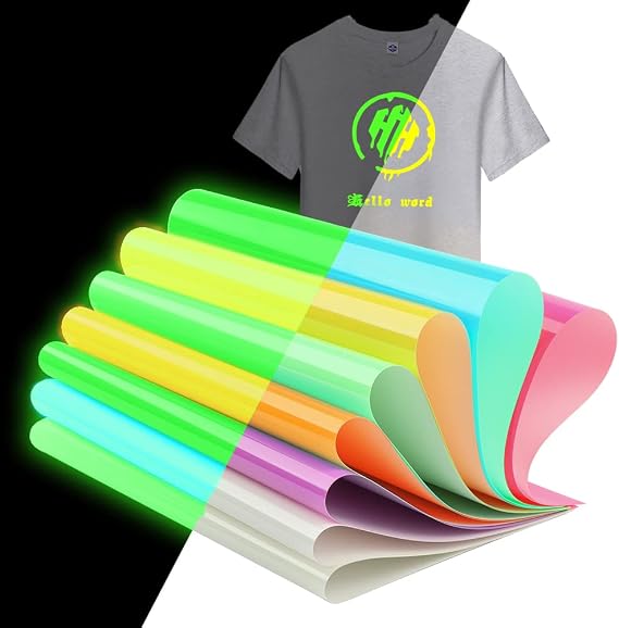Geila Glow in The Dark Heat Transfer Vinyl, HTV Iron On Vinyl Bundle, Luminous Fluorescent Heat Press Vinyl, 8 Pack 31 x 25cm Neon Iridescent HTV Vinyl Sheet for DIY T-Shirts