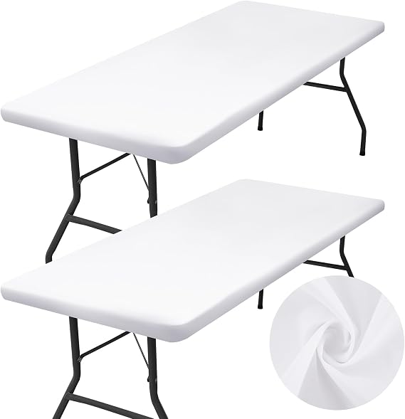 2 Pack Rectangle Table Cloth, Elastic Fitted Fabric Tablecloth Fits for 6 Foot Folding Tables, Washable Table Cover for Picnic, Camping, Indoor & Outdoor (White, 30" x 72")