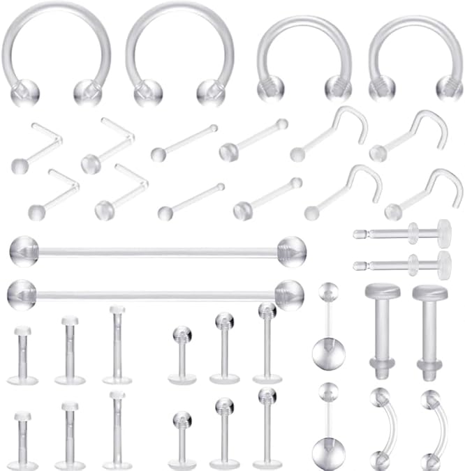 Clear Plastic Earrings for Sports Work - 16 Gauge Invisible Labret Studs- Flat Push-In Retainers for Ears, Cartilage, Helix, Tragus, Lip, Monroe, Medusa - MRI Safe, Surgery- Bioflex Clear Piercing Jewelry
