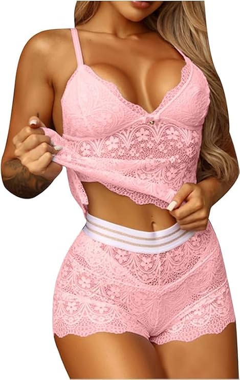 Sexy Sheer Floral Lace Pajamas Lingerie High Waist Sleepwear Bra and Panty 2 Piece Nightwear Underwear Cami Shorts