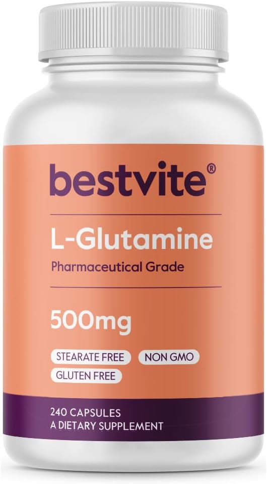 BESTVITE L-Glutamine 500mg per Capsule (240 Caps) - No Dicalcium Phosphate | Free-Form, No Stearates - Gluten Free - Non GMO - Pure L Glutamine Supplement - Gut Health Support*