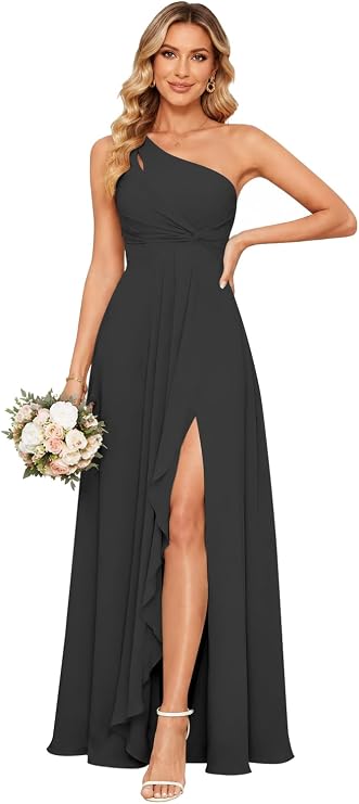 One Shoulder Bridesmaid Dresses for Women Chiffon Ruffles Pleated Long Formal Evening Gown with Slit