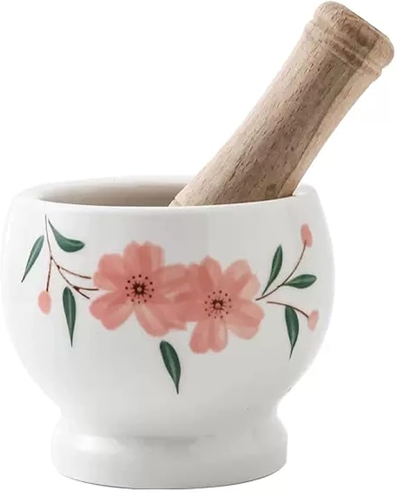 Mortar and Pestle Set Home Mortar with Pestle White Ceramic Mortar and Pestle Floral Pattern Suribachi and Surikogi Set Elegant Pottery Herb Crusher(Large)