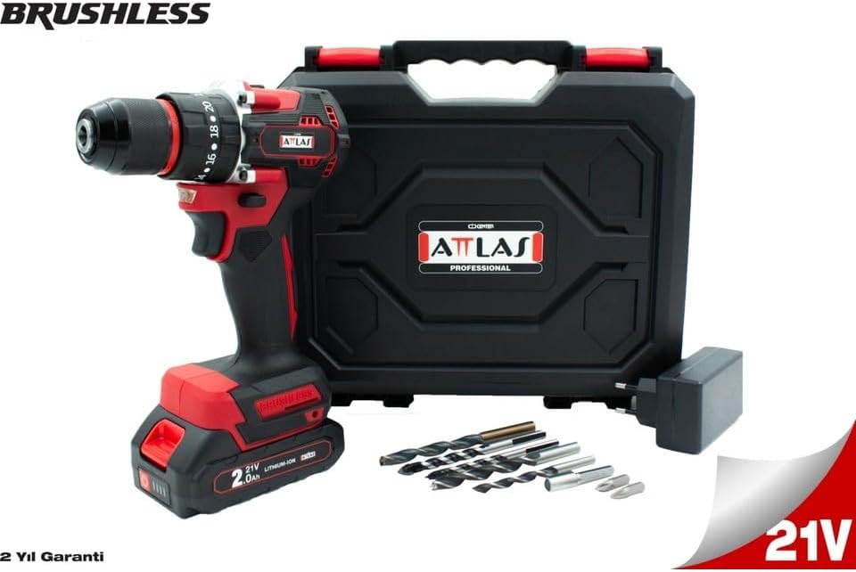 Attlas Atb 21 BLPD-201C 21V 2.0AH Tek Akülü Kömürsüz Darbeli Matkap L-Boxx Çantalı + 8 Parça Uç Seti