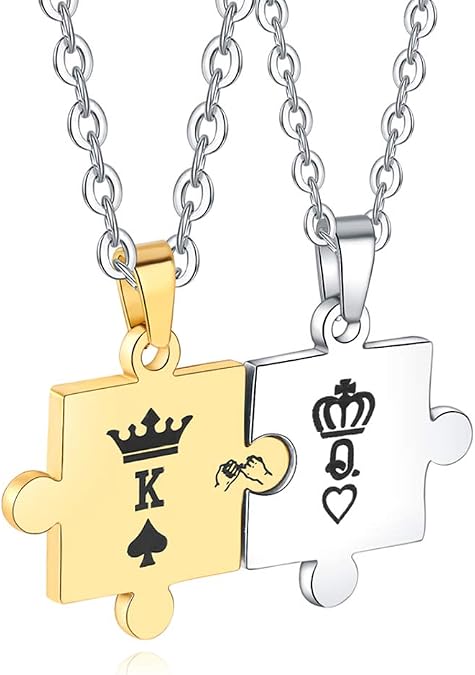 Couples Necklace Stainless Steel couples Necklace for Women Men King & Queen Relationship K & Q Matching Necklaces Puzzle Pendant
