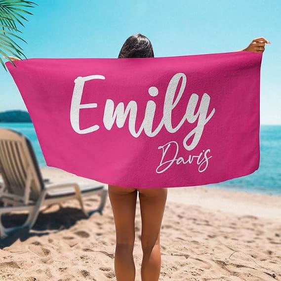 Personalized Beach Towel with Names Custom Microfiber Large Quick Dry Soft Lightweight Customized Unique Text Name Pool Swim Travel Beach Towel (140x180cm/55x70in)