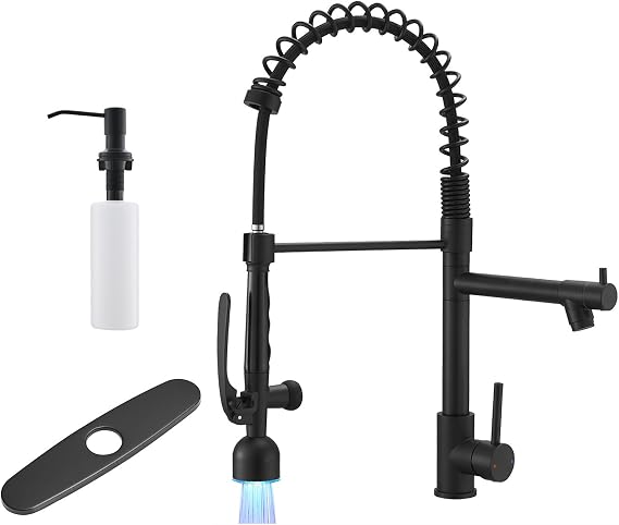 Fapully LED Kitchen Faucet with Deck Plate and Soap Dispenser,Matte Black