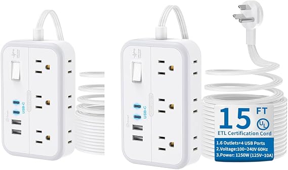Flat Extension Cord 10ft and 15 ft, Surge Protector Power Strip with 6 Widely Outlets 4 USB Ports(2 USB C), Flat Plug, Wall Mounted, Side Outlet Extender for Indoor, Home Office, Dorm Room Essentials