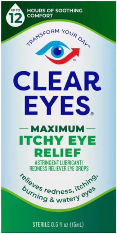 Clear Eyes Seasonal Relief Astringent/Lubricant Redness Reliever Eye Drops, 0.5 fl oz | 12 Hours of Soothing Comfort, Contains Maximum Strength Astringent, Eases Eye Itching & Burning, Indoor & Outdoor Irritants