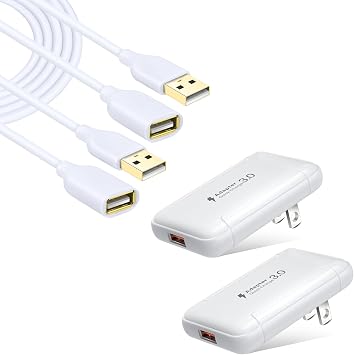 Slim Flat 18W Quick Fast Charging Block with Foldable Plug and 10FT USB Extension Cable - Compatible with USB Powered Devices