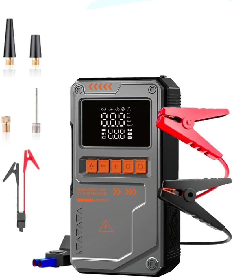 Robeve Auhma 4’ü 1 Arada 10000 Mah Şarjlı Araç Akü Takviye Cihazı – Jump Starter, Dijital Hava Kompresörü, Powerbank & LED Fener – 150 Psı Lastik Şişirme, Usb-C Hızlı Şarjlı Akü Destek Ünitesi