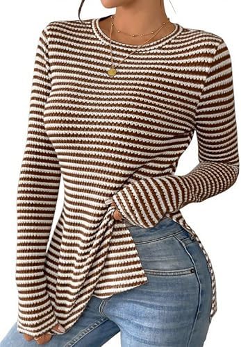 Striped Long Sleeve Shirts Womens Trendy Crew Neck Slimming Tight Fit Side Slit Knit Tops to Wear with Leggings