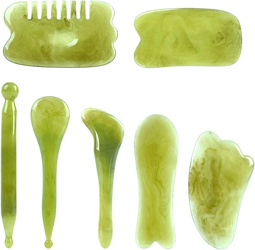 alachi EU Gua Sha Scraping Massage Tool, 7 in 1 Chinese Gua Sha Kit Natural Resin Anti-Aging Anti-Wrinkle Stress Relief Scraping Massage Board for Facial Neck Arms Body Legs Back Green