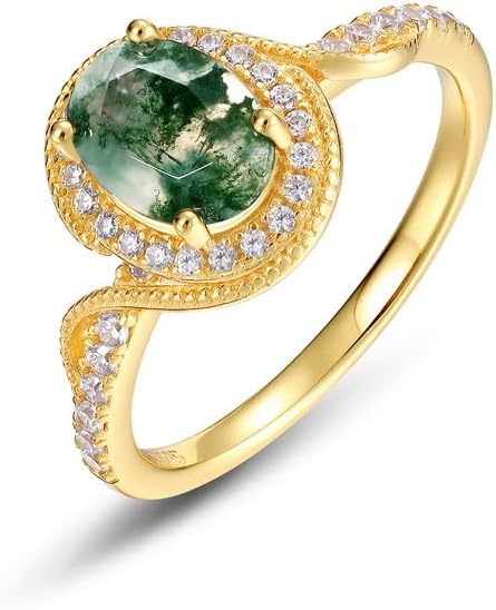 Natural Moss Agate Ring Engagement Wedding Rings 925 Sterling Silver Oval Promise 10K Gold Zirconia Stone in 925 Sterling Silver for Women Birthday Valentine's Day Jewelry Gifts.8