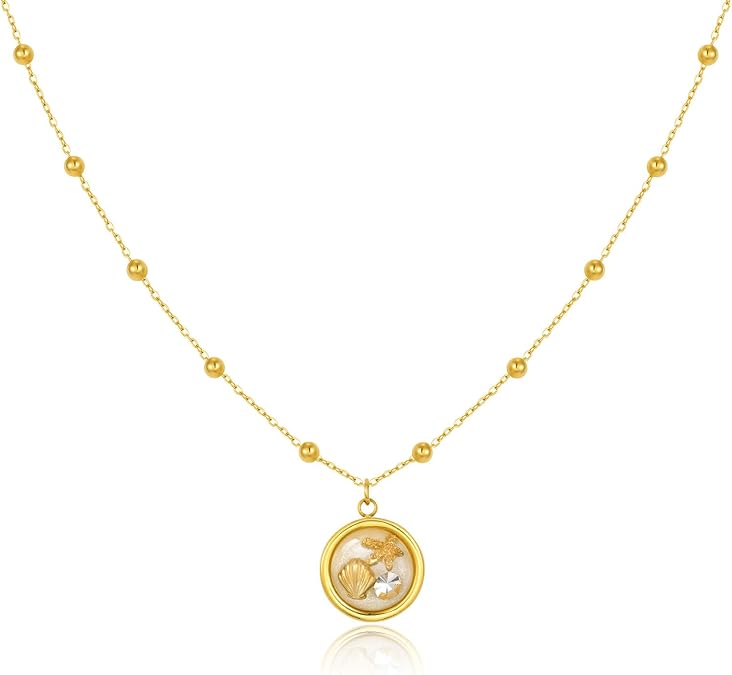 Gold Shell Necklace for Women - 14k Gold Plated Seashell Charm Necklaces,Dainty Non Tarnish Stainless Steel Beach Vacation Choker Jewelry Gifts,Ocean Sea Shell Starfish Charms Cute Necklace for Summer