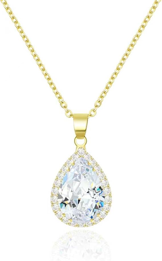 Linawe Crystal Chain Necklace for Women Trendy, Imitation Diamond Pendant, Statement Cubic Zirconia Boho Jewellery Set, 14K Gold/Rose Gold/Silver Birthstone Necklace