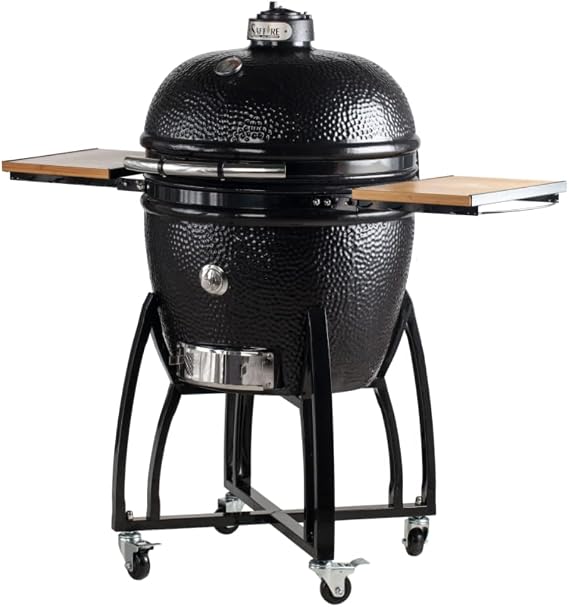 Saffire Kamado XL Ceramic Grill and Smoker Includes Cart, Crucible Firebox, Smokin Chip Feeder, Multi-Grids, Heat Deflector, Ash Tool, and Stainless Steel Components for Charcoal Cooking
