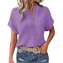 Women's Short Sleeve Cotton Linen Shirts Henley Dressy Casual Summer Tops 2025 Trendy Blouses Beach Vacation Clothes