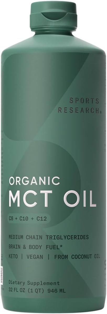 Sports Research Organic Coconut MCT Oil 32oz, Unflavored | Brain & Body Fuel | Great in Keto Coffee & Protein Shakes | Vegan, Keto, Non-GMO - 63 Servings