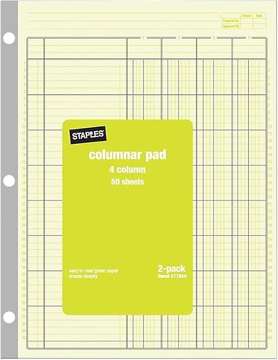 Staples Columnar Books, 100 Pages Each, Green Ledger Paper, Side-Punched, 11" x 16.375", 2-Pack Accounting & Analysis Pad for Office Records